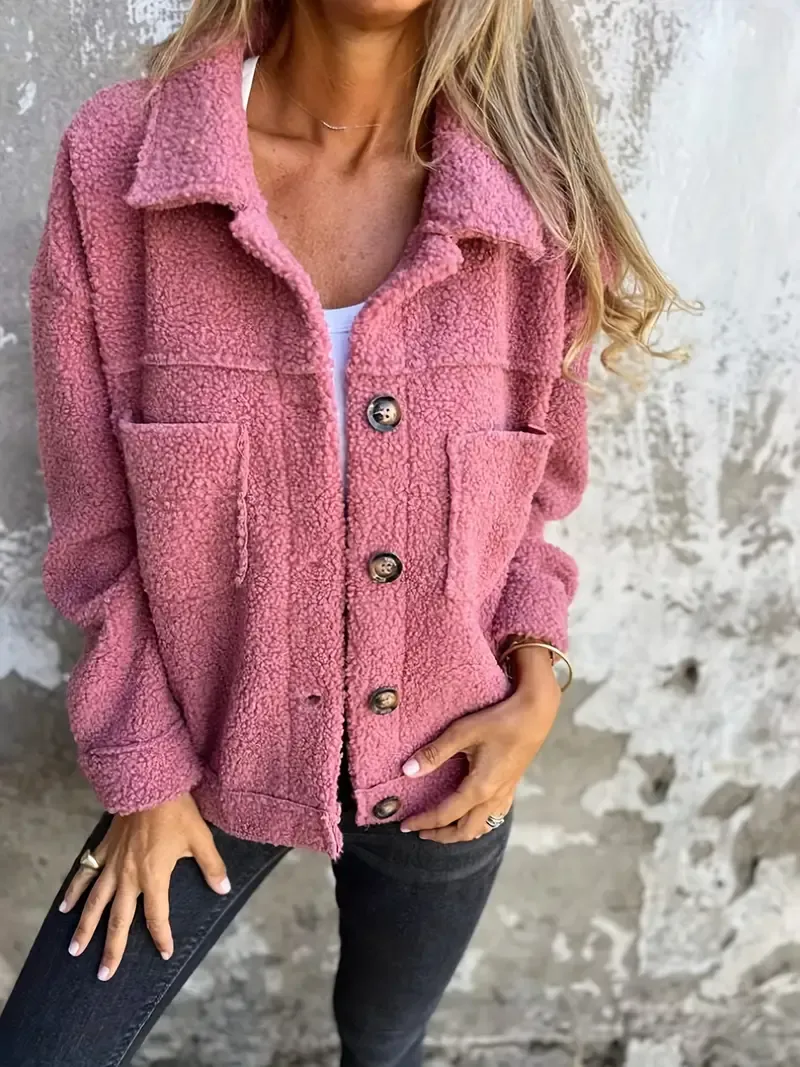 Women's Jacket – Oversized Fit – Plush Fabric – Button Closure – Large Collar – Casual - Image 4