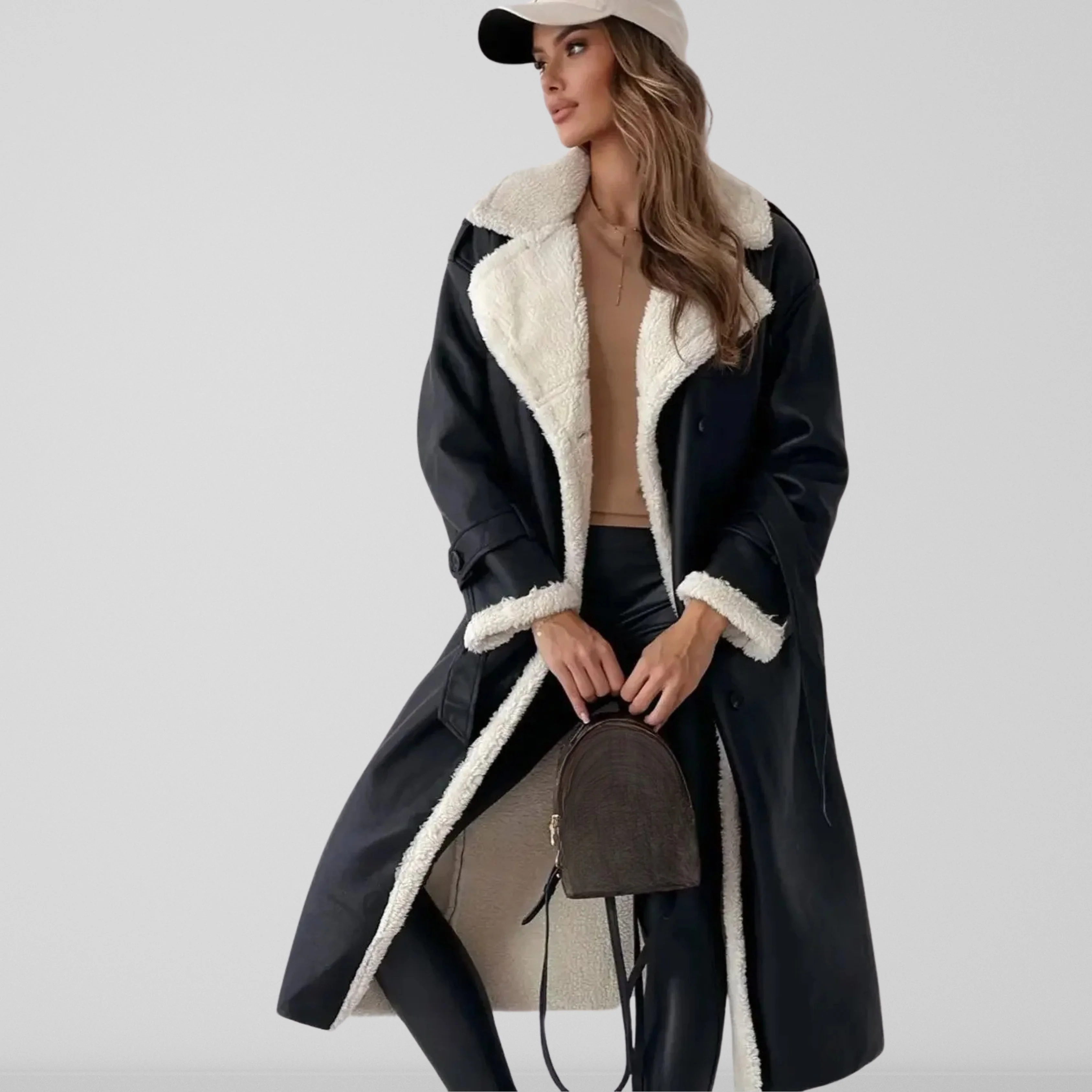 Ladies Coat – Oversized Fit – Shearling Lining – Double-breasted – With Belt - Image 2