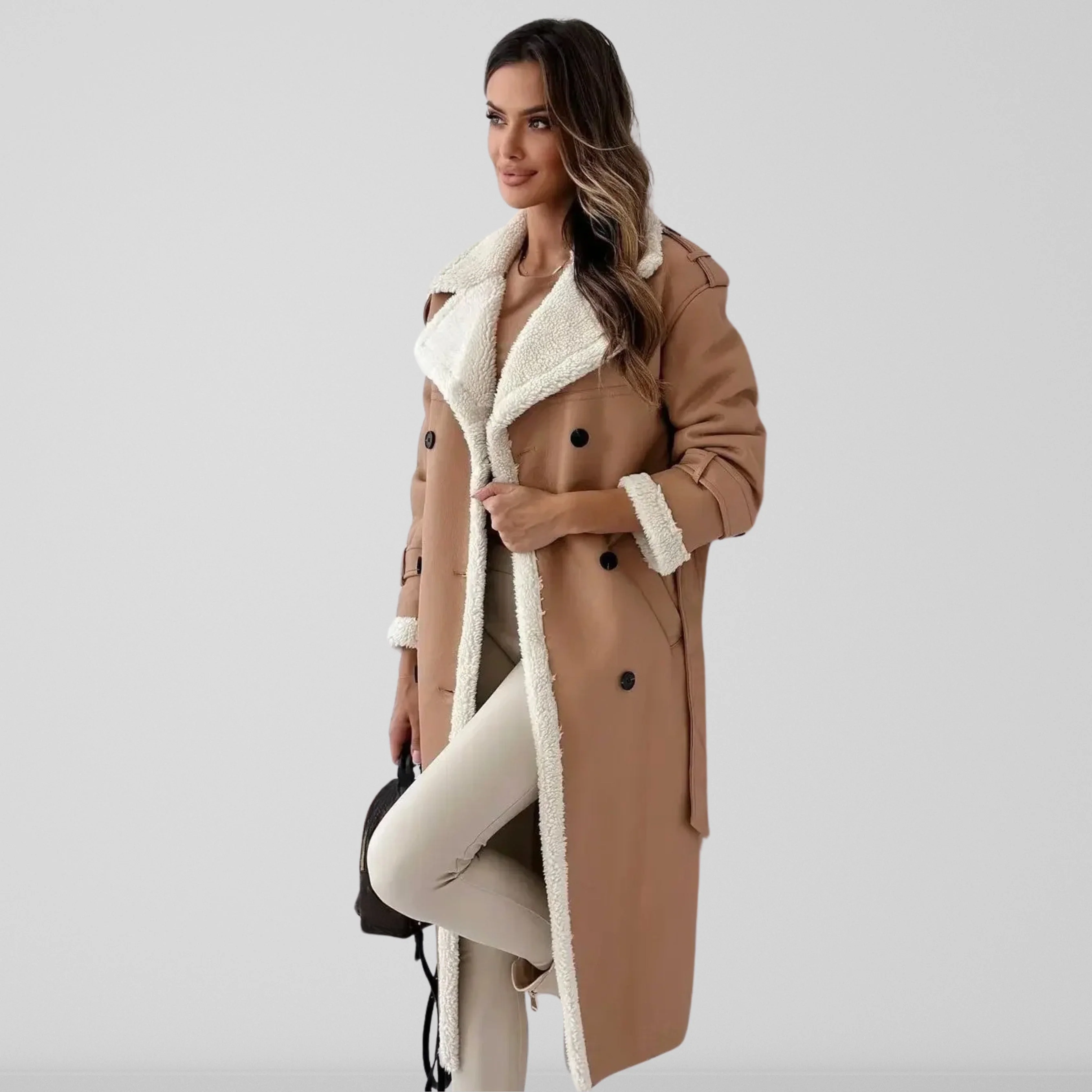 Ladies Coat – Oversized Fit – Shearling Lining – Double-breasted – With Belt - Image 3