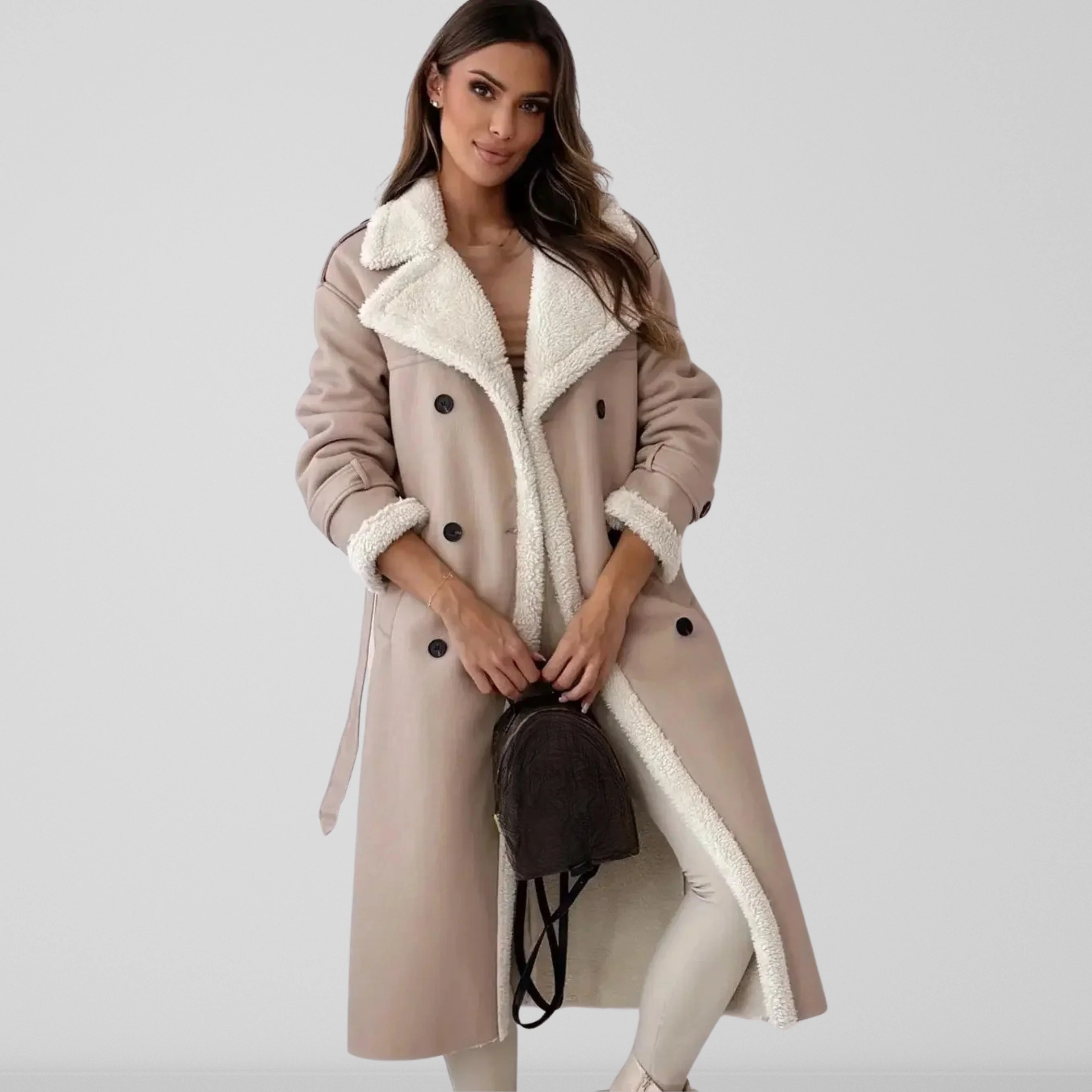 Ladies Coat – Oversized Fit – Shearling Lining – Double-breasted – With Belt - Image 4