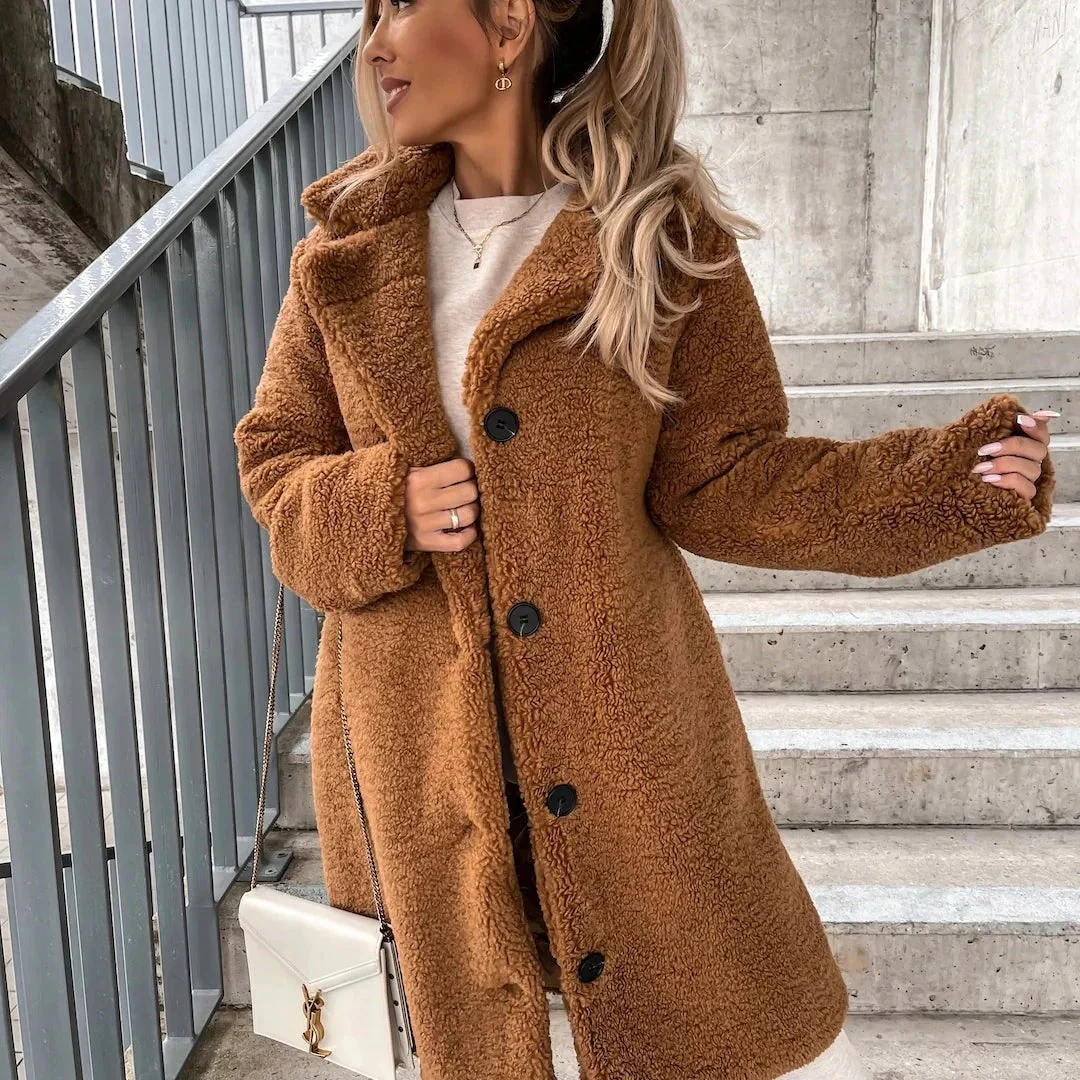Women's Coat – Oversized Fit – Soft Imitation Shearling – Long Length – Notched Collar - Image 2