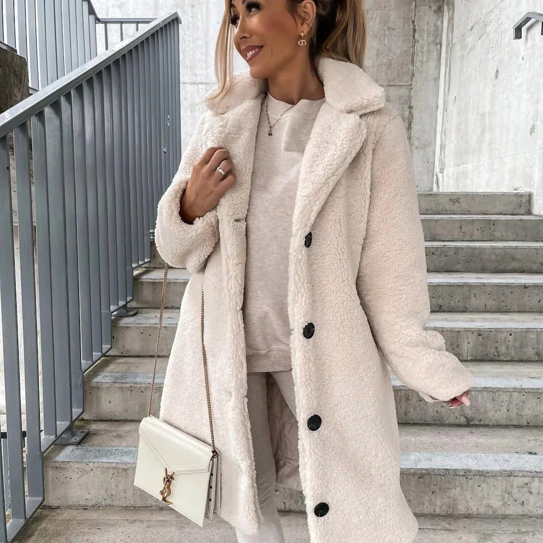 Women's Coat – Oversized Fit – Soft Imitation Shearling – Long Length – Notched Collar - Image 3