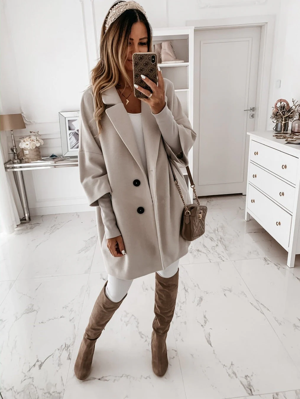 Ladies Coat – Oversized Wool – Three-Quarter Sleeve – Button Closure – Lapel Collar - Image 2