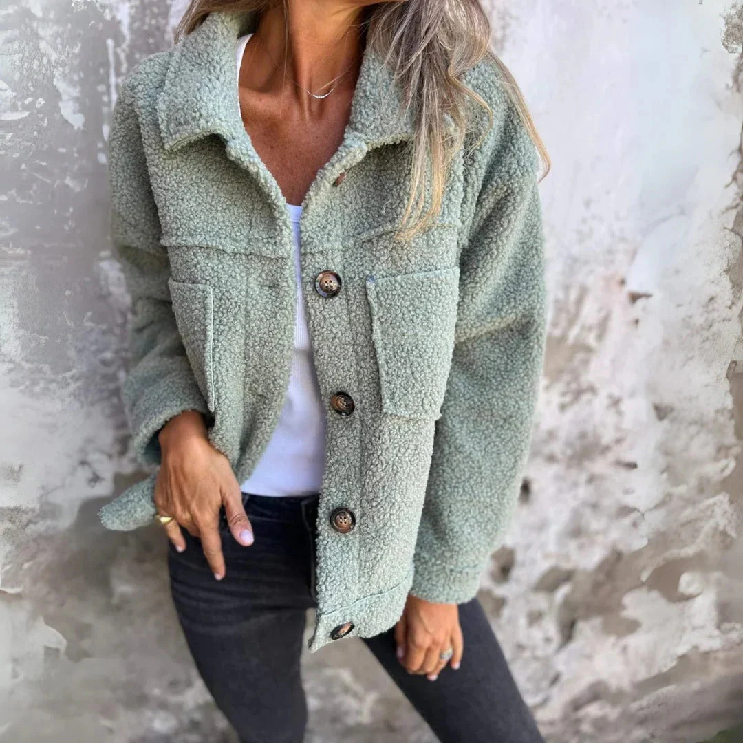 Ladies Coat – Relaxed Fit – Woolly Texture – Wide Lapels – Large Buttons – Patch Pockets - Image 2