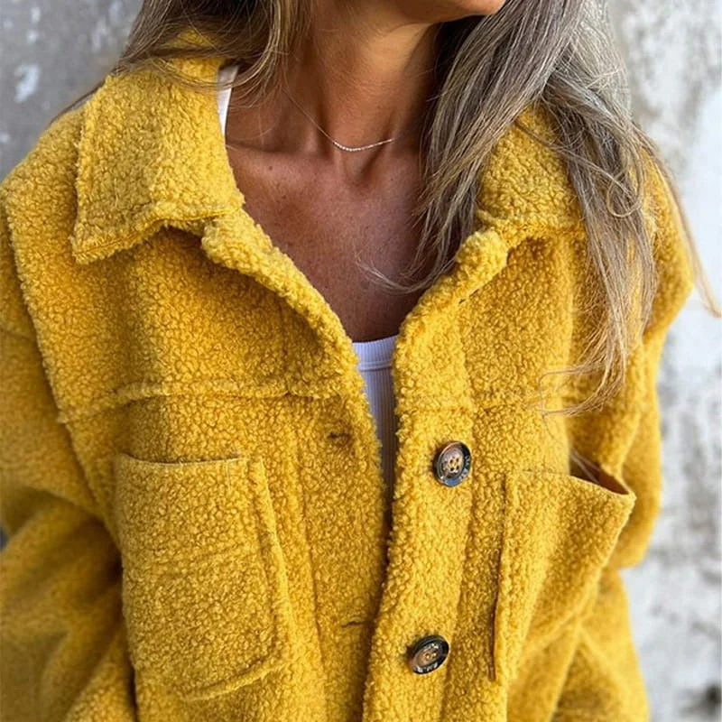 Ladies Coat – Relaxed Fit – Woolly Texture – Wide Lapels – Large Buttons – Patch Pockets - Image 3