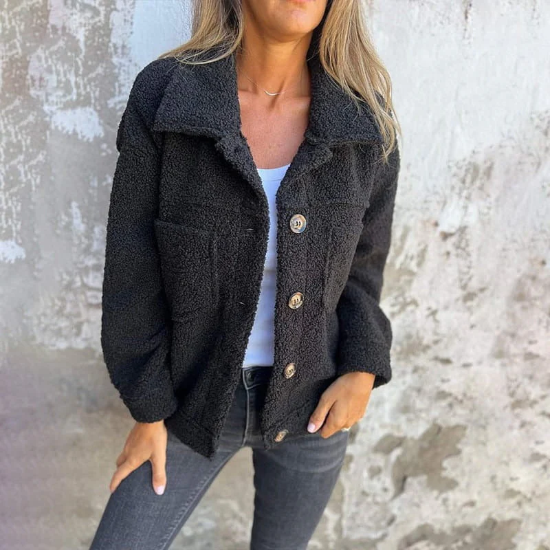 Ladies Coat – Relaxed Fit – Woolly Texture – Wide Lapels – Large Buttons – Patch Pockets - Image 4