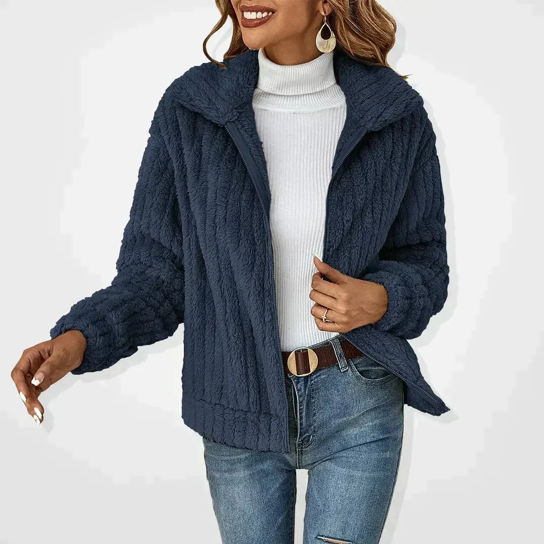 Women's coat – Relaxed fit – Plush ribbed structure – Zipper – High collar casual style - Image 2