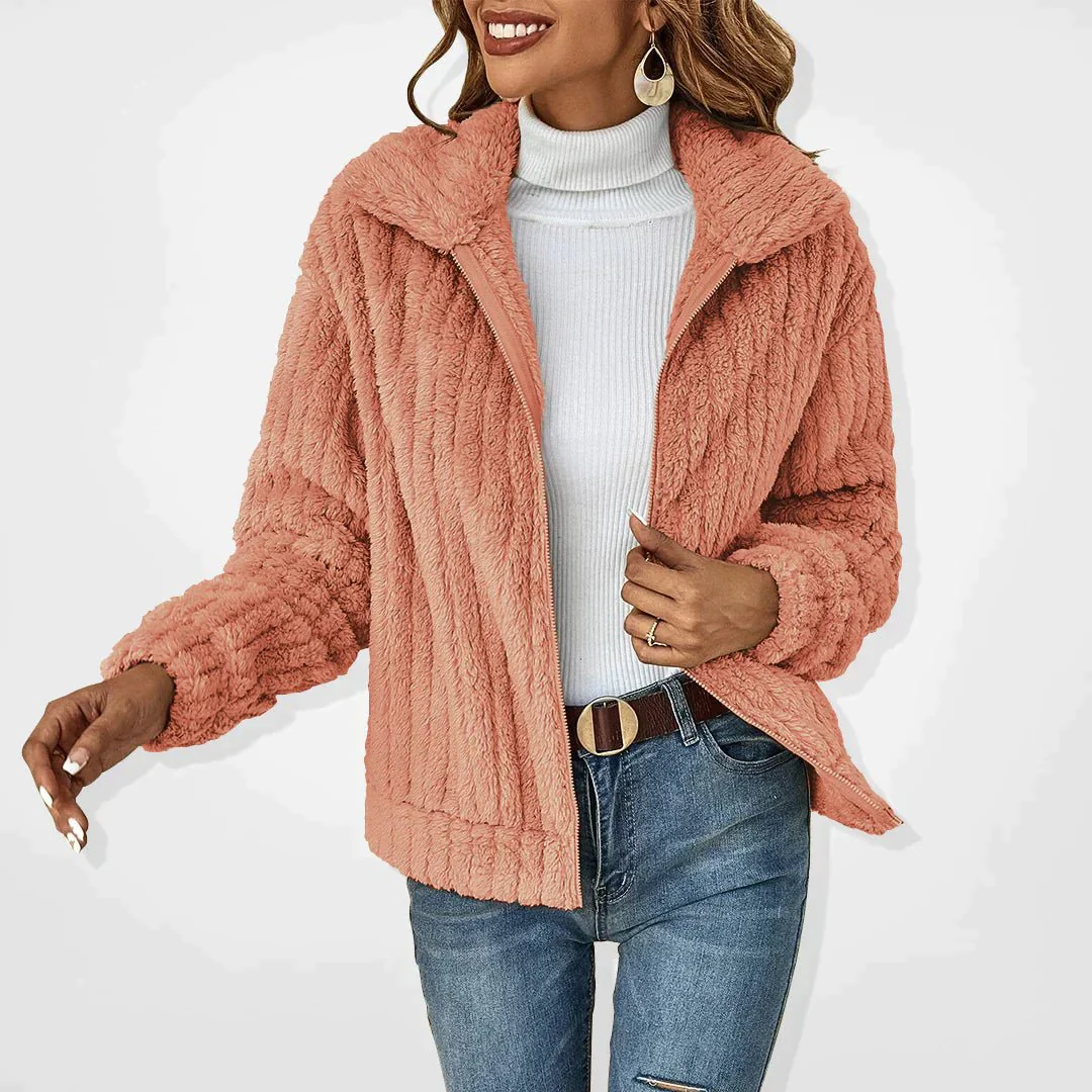 Women's coat – Relaxed fit – Plush ribbed structure – Zipper – High collar casual style - Image 4