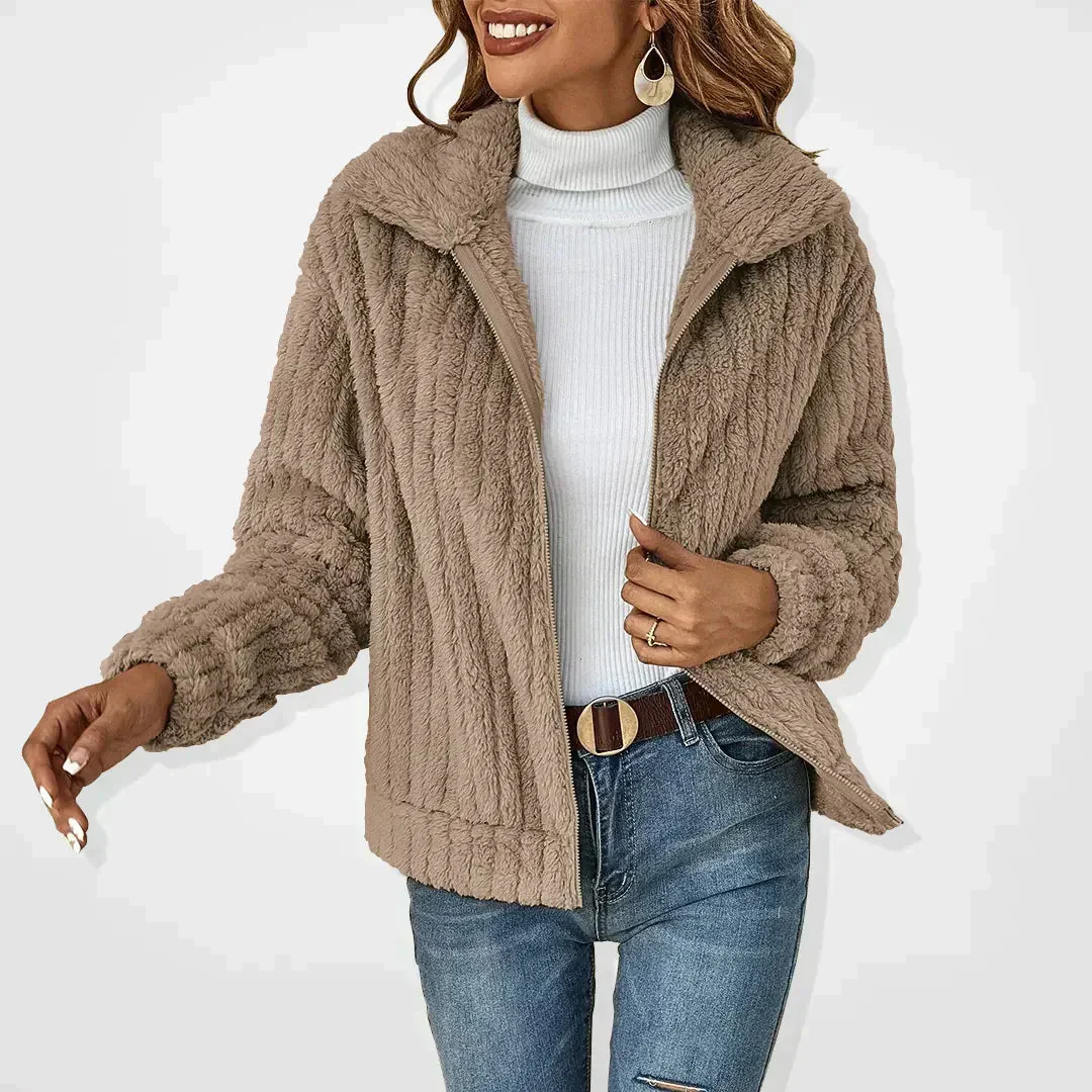 Women's coat – Relaxed fit – Plush ribbed structure – Zipper – High collar casual style - Image 5