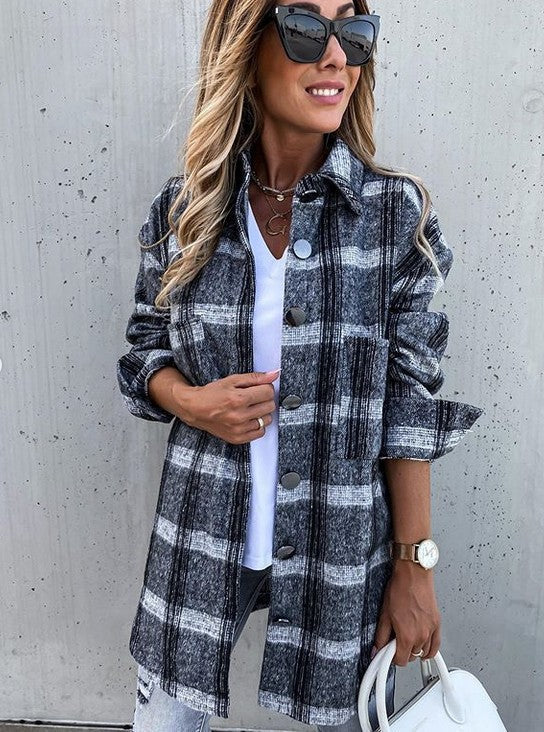 Women's Coat – Check Pattern – Oversized Fit – Wool Look – Mid-Length – Button Closure - Image 3