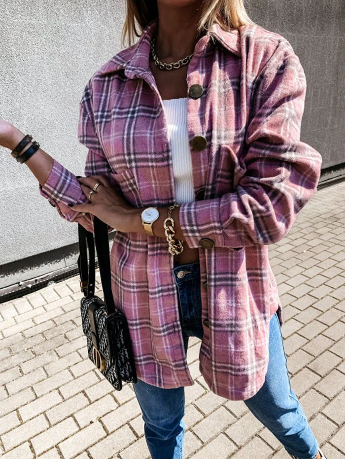 Women's Coat – Check Pattern – Oversized Fit – Wool Look – Mid-Length – Button Closure - Image 6