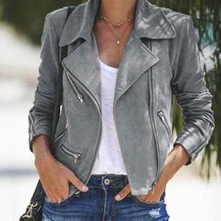 Women's Jacket – Slim Fit – Suede Look – Cropped Length – Notch Collar – Zipper Details - Image 2