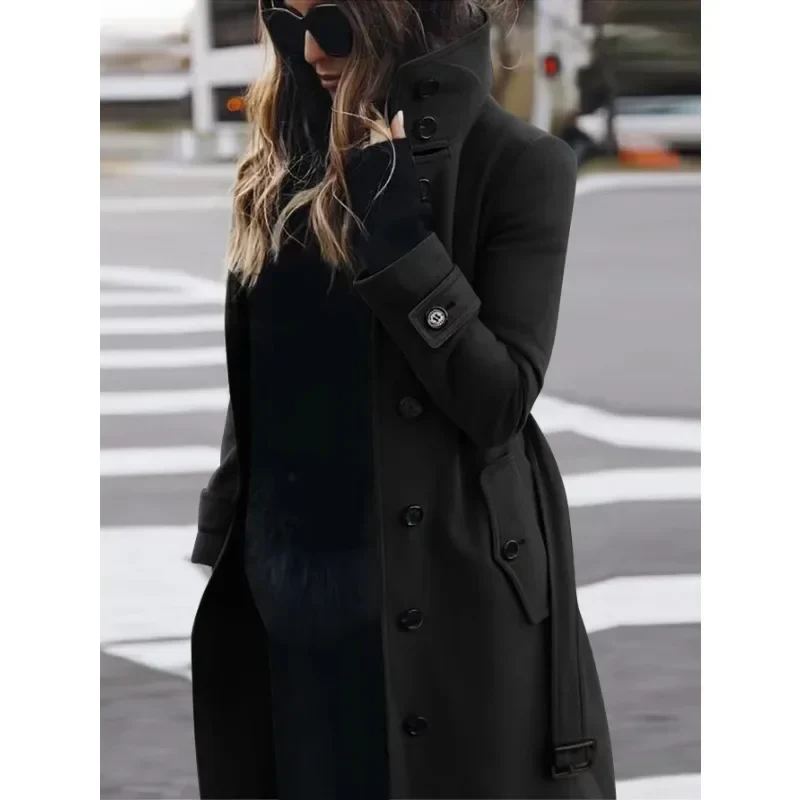 Ladies Coat – Slim Fit – Wool – Single-Breasted – Long Sleeve – Stand-Up Collar – Belt - Image 2