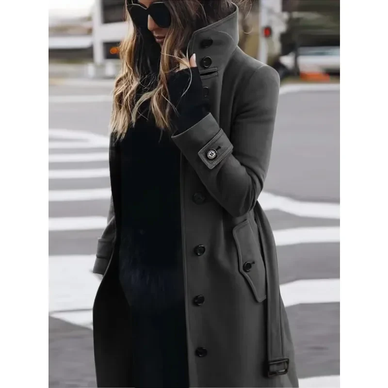 Ladies Coat – Slim Fit – Wool – Single-Breasted – Long Sleeve – Stand-Up Collar – Belt - Image 3