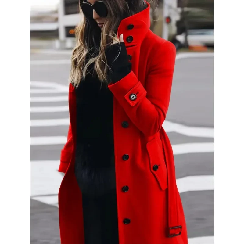 Ladies Coat – Slim Fit – Wool – Single-Breasted – Long Sleeve – Stand-Up Collar – Belt - Image 4