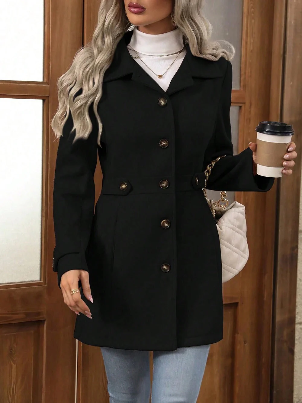 Women's Coat – Slim Fit – Wool – Front Buttons – Notched Lapel – Mid-Length Model - Image 2