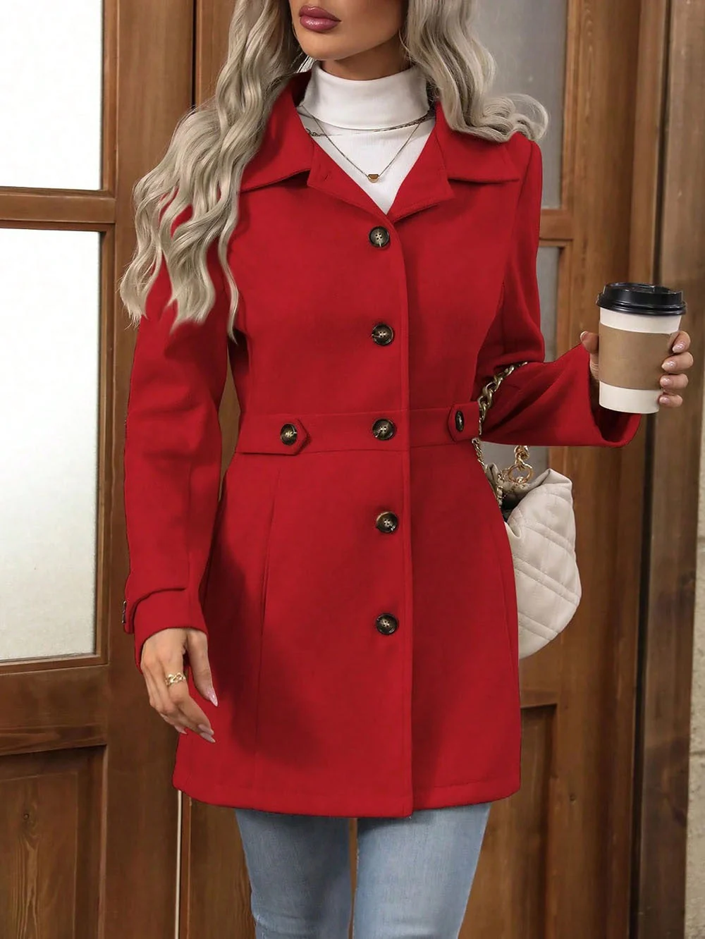 Women's Coat – Slim Fit – Wool – Front Buttons – Notched Lapel – Mid-Length Model - Image 3