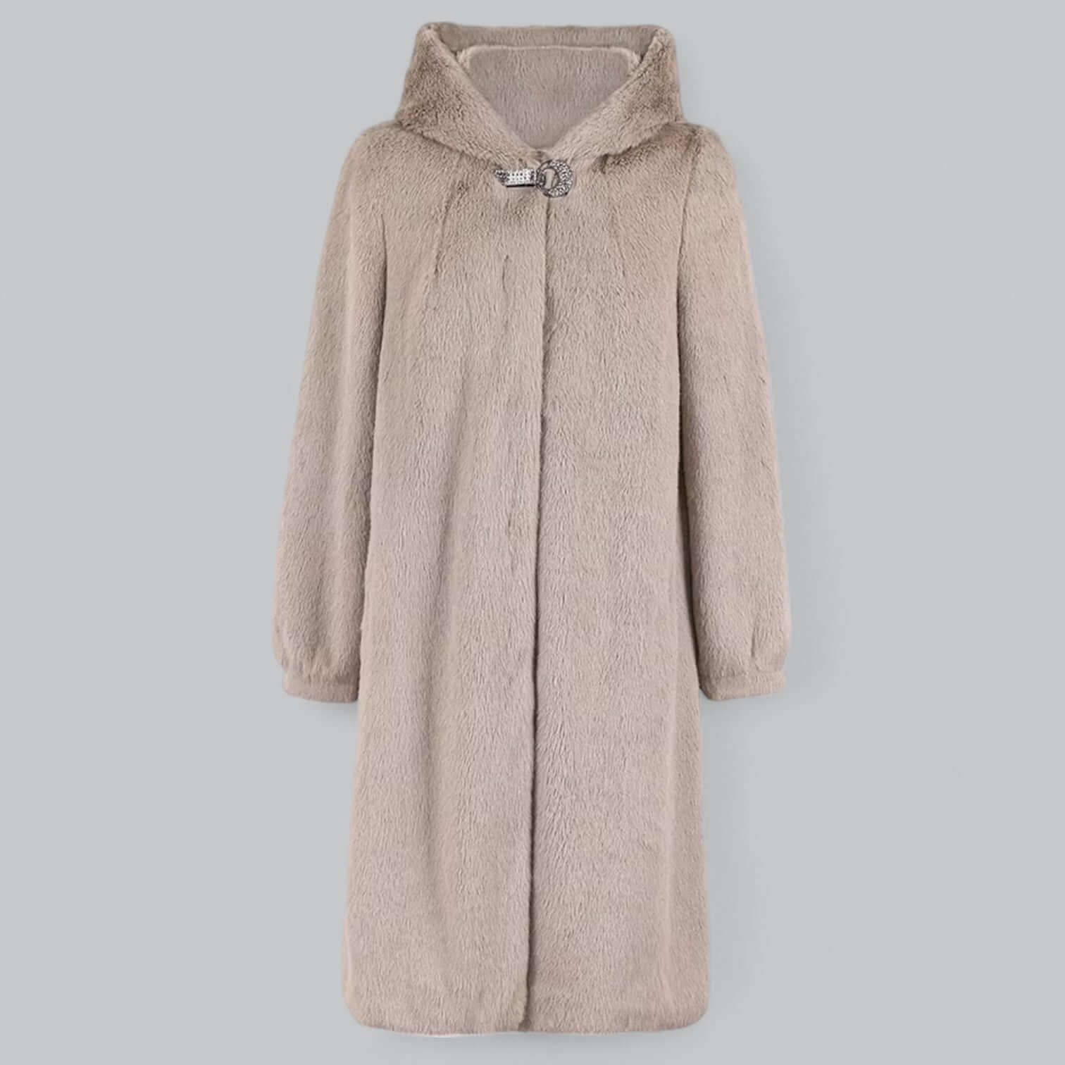 Women's Coat of Faux Fur – Elegant Fit – Knee-Length – With Hood and Closure - Image 2