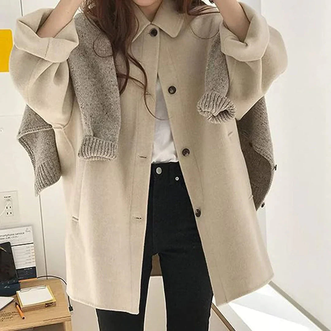 Women's Coat – Wool – Relaxed Fit – Hip Length – Button Closure – Classic Collar - Image 2