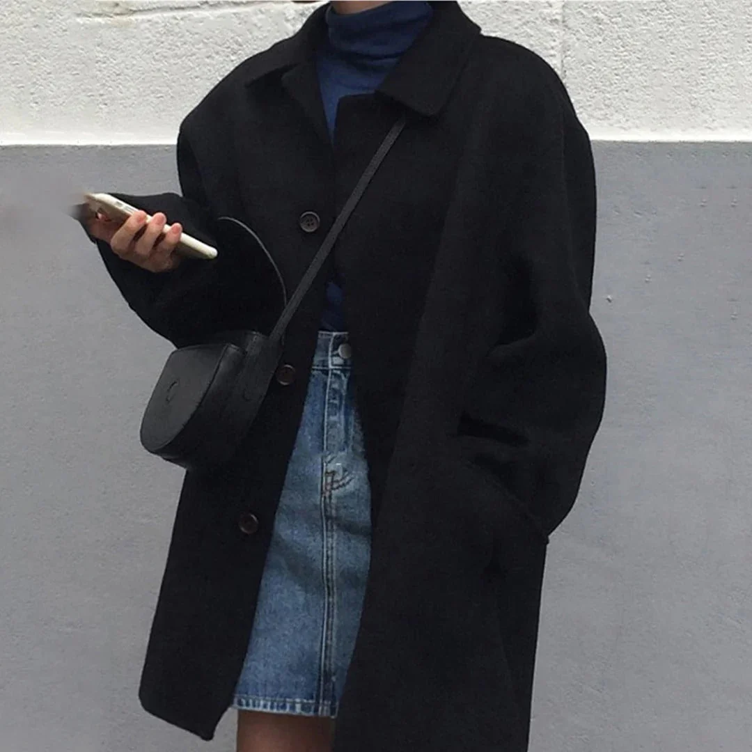Women's Coat – Wool – Relaxed Fit – Hip Length – Button Closure – Classic Collar - Image 3