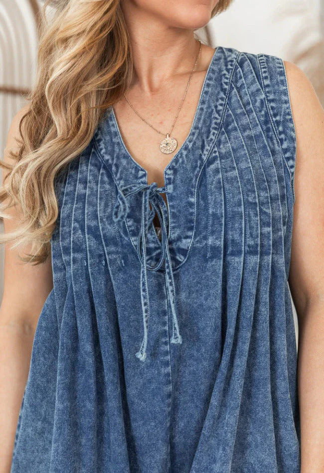 Women's Jumpshort – Denim – Sleeveless – A-line – V-neck with Lace-up Closure – Loose Fit - Image 6