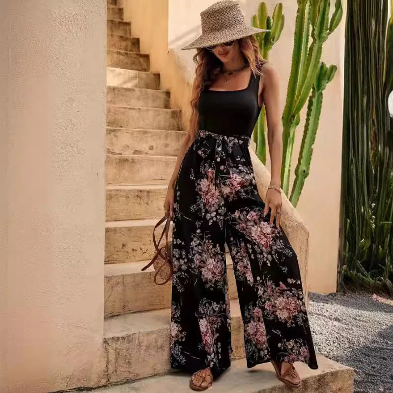 Women's Jumpsuit – Floral Print – Sleeveless – Relaxed Fit – Waistband – Full Length - Image 2