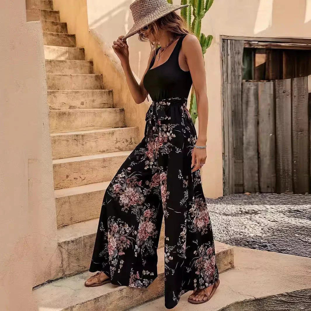 Women's Jumpsuit – Floral Print – Sleeveless – Relaxed Fit – Waistband – Full Length - Image 3