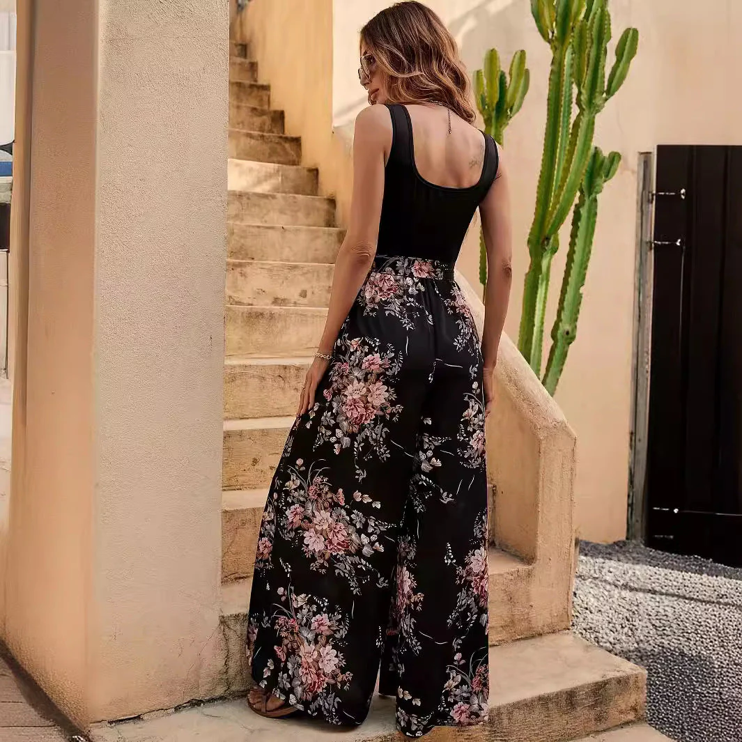 Women's Jumpsuit – Floral Print – Sleeveless – Relaxed Fit – Waistband – Full Length - Image 4