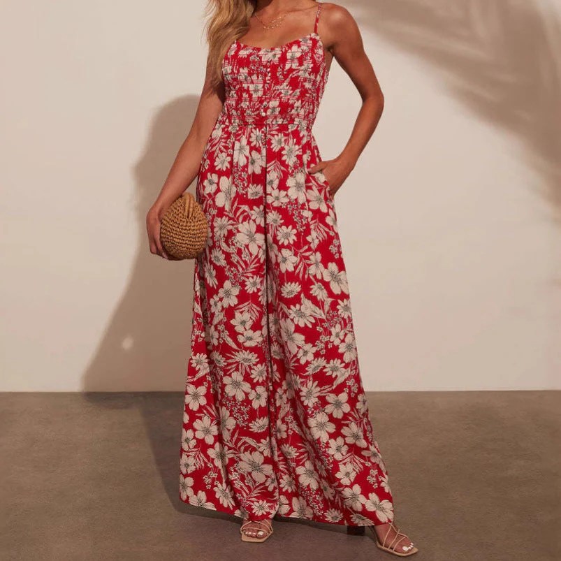 Women's jumpsuit – Floral print – Wide legs – Smock top – Spaghetti straps – Cotton - Image 2