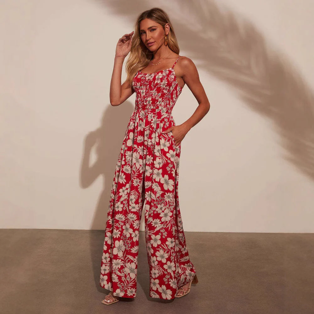 Women's jumpsuit – Floral print – Wide legs – Smock top – Spaghetti straps – Cotton - Image 4