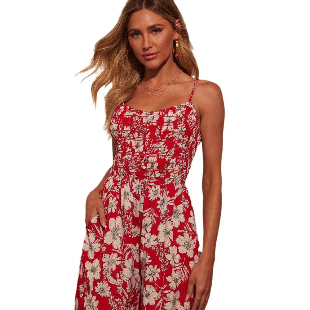 Women's jumpsuit – Floral print – Wide legs – Smock top – Spaghetti straps – Cotton - Image 6
