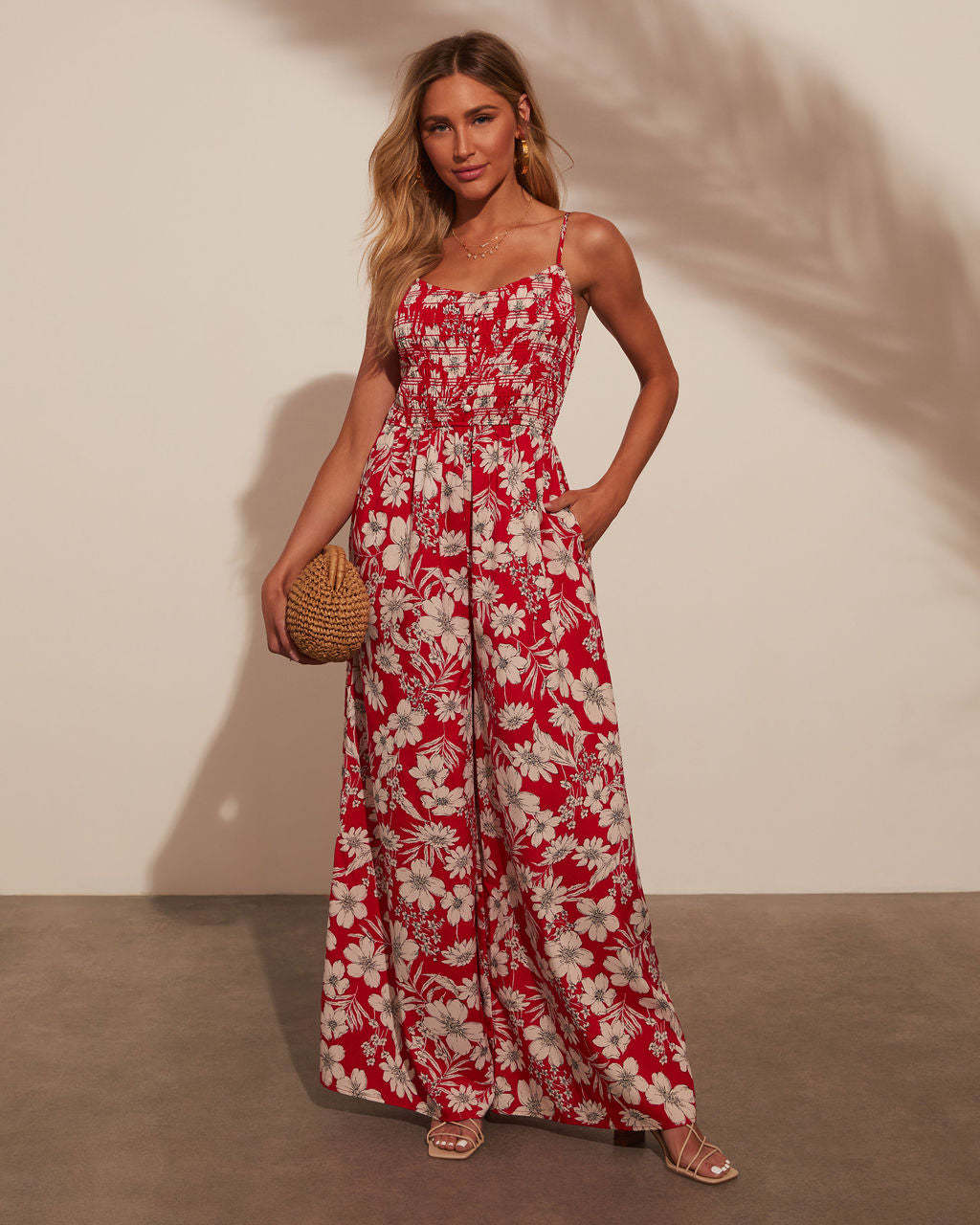 Women's jumpsuit – Floral print – Wide legs – Smock top – Spaghetti straps – Cotton - Image 7
