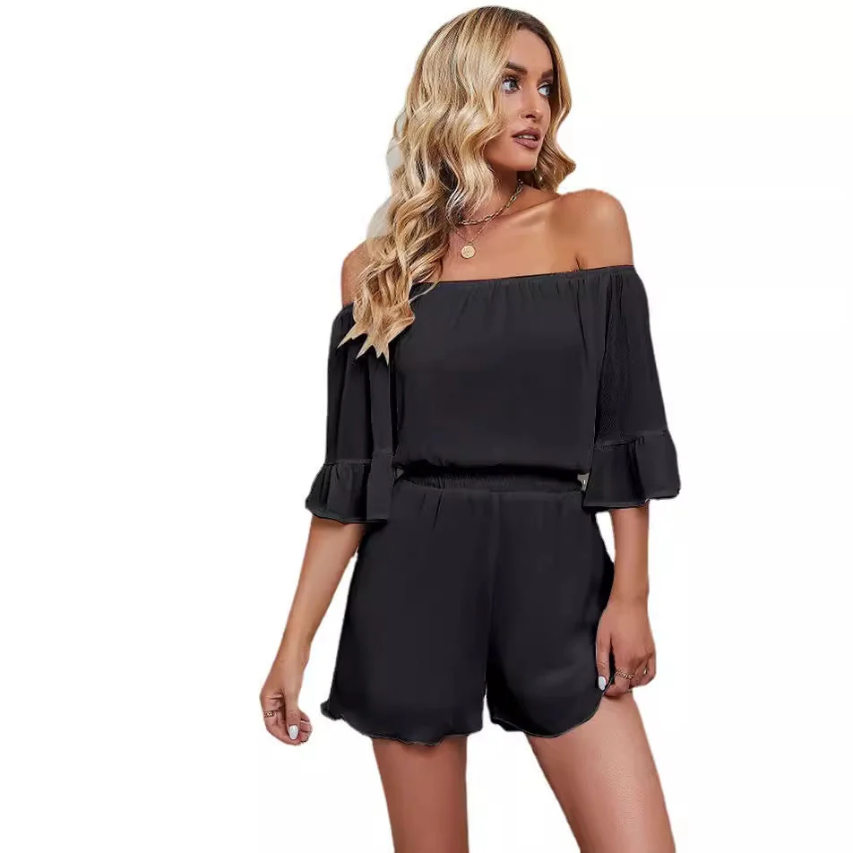 Ladies Jumpsuit – Chiffon – Off Shoulder – Wide Sleeves – Elastic Waist – Short Model - Image 4