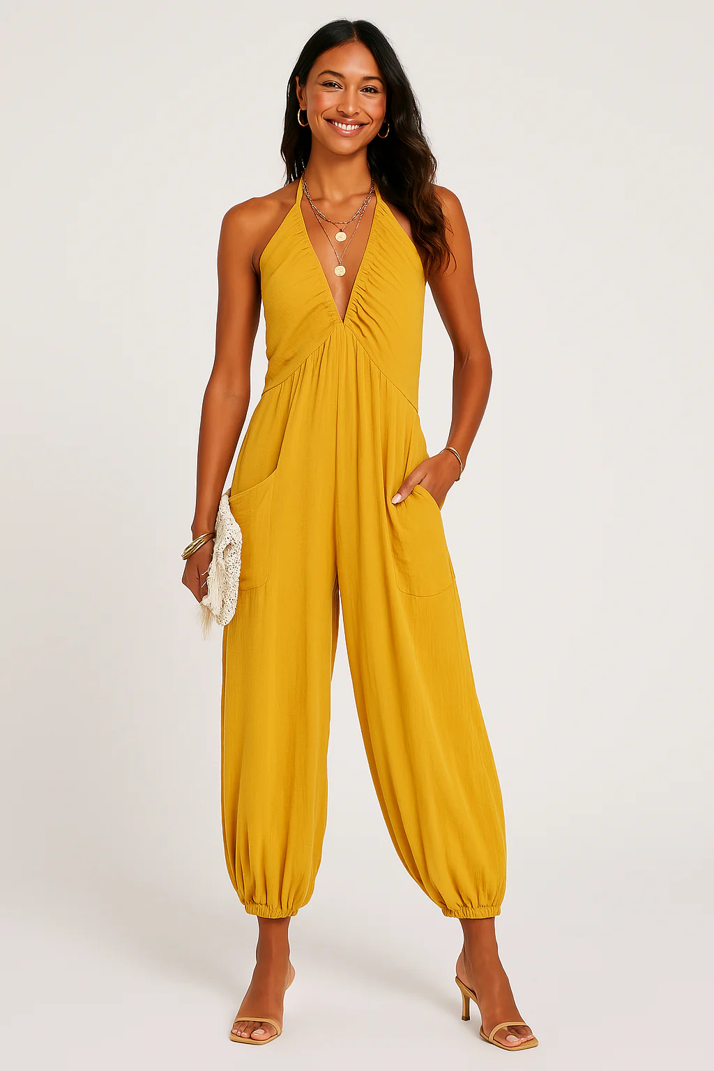 Women's Jumpsuit – Halterneck – Deep V-neck – Relaxed Fit – Tapered Legs – Pockets - Image 2
