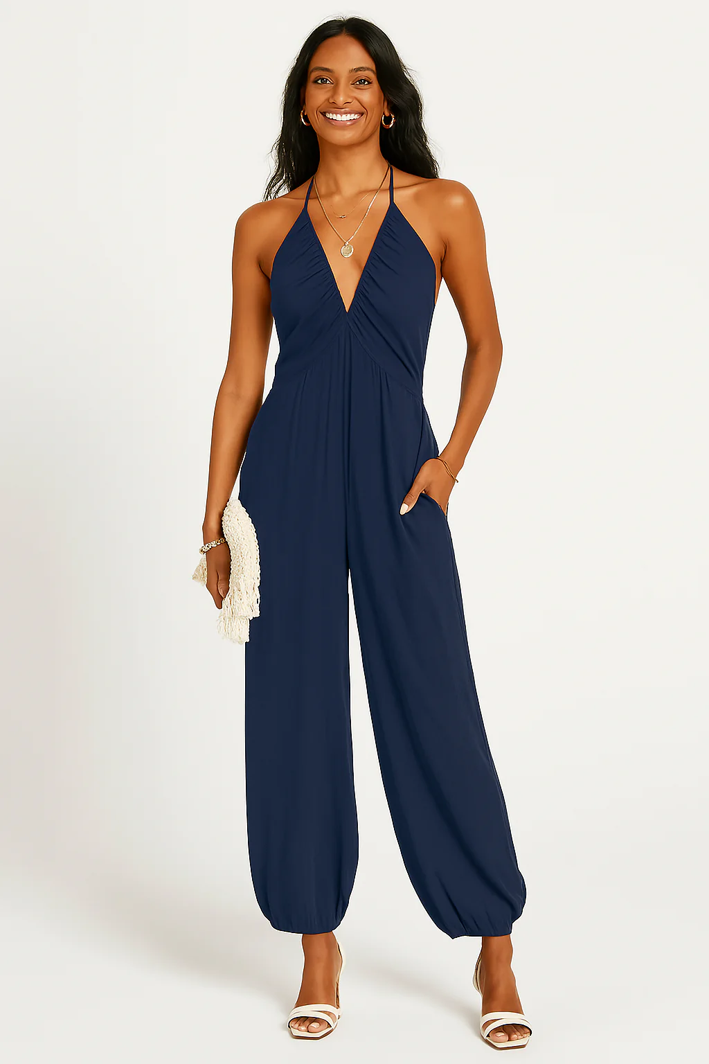 Women's Jumpsuit – Halterneck – Deep V-neck – Relaxed Fit – Tapered Legs – Pockets - Image 3
