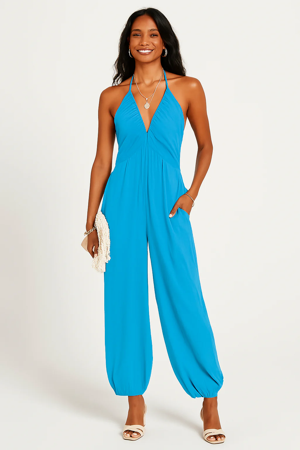Women's Jumpsuit – Halterneck – Deep V-neck – Relaxed Fit – Tapered Legs – Pockets - Image 4