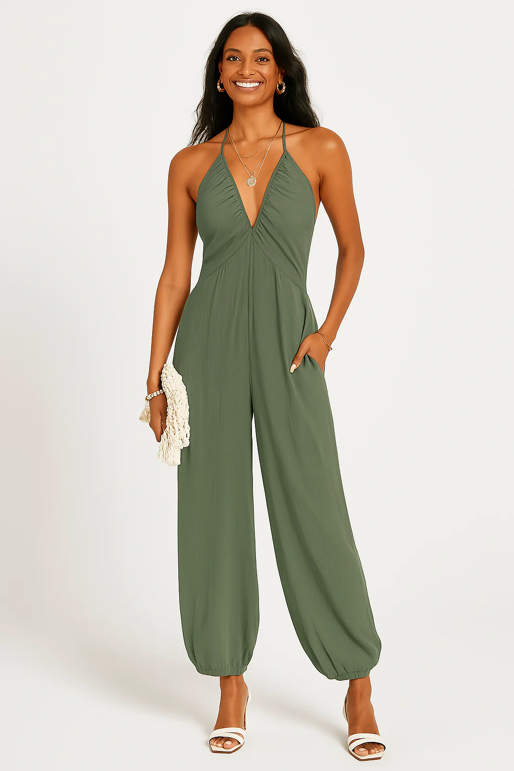 Women's Jumpsuit – Halterneck – Deep V-neck – Relaxed Fit – Tapered Legs – Pockets - Image 5