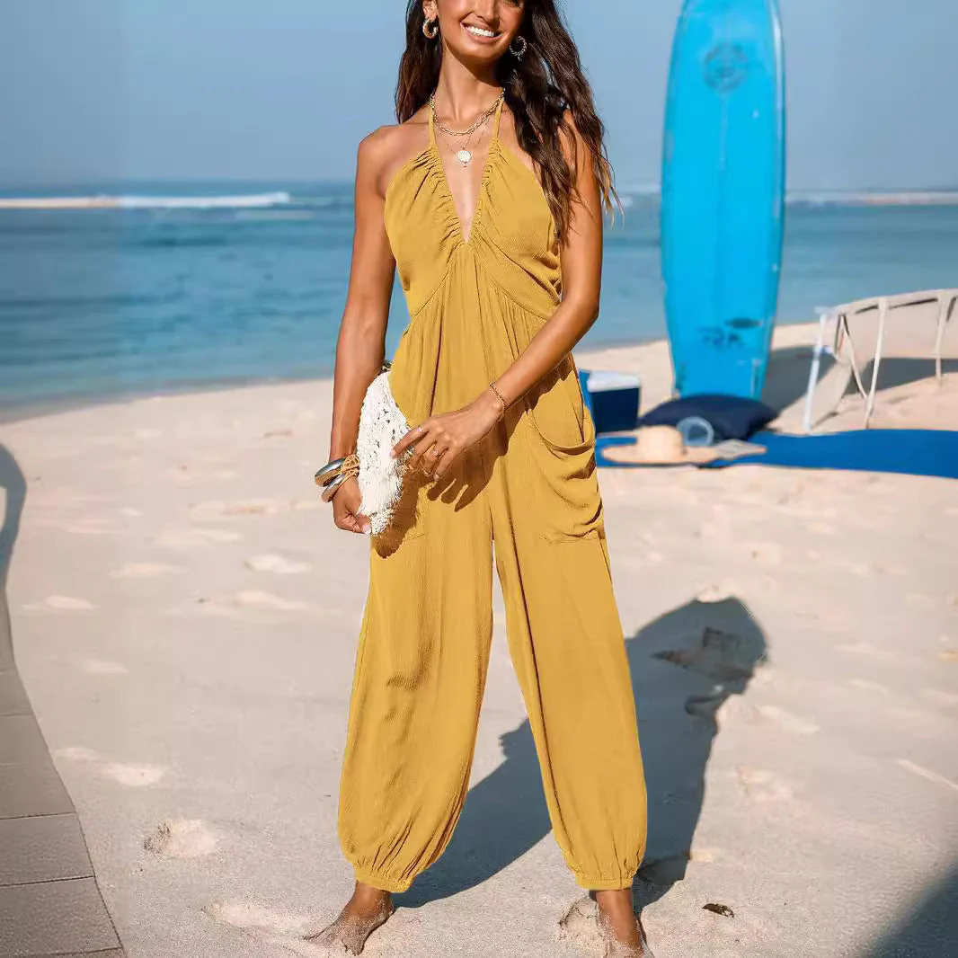 Women's Jumpsuit – Halterneck – Deep V-neck – Relaxed Fit – Tapered Legs – Pockets - Image 6
