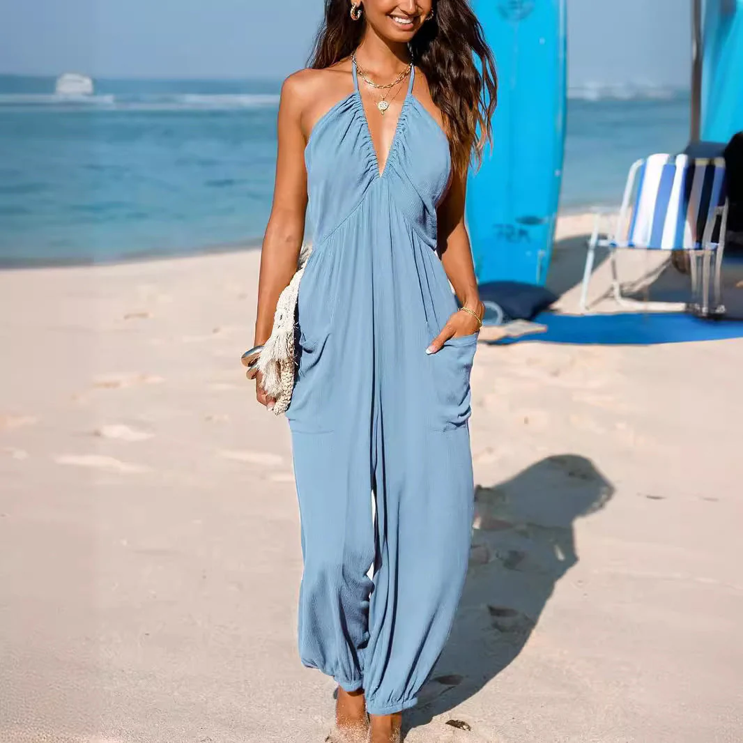 Women's Jumpsuit – Halterneck – Deep V-neck – Relaxed Fit – Tapered Legs – Pockets - Image 7