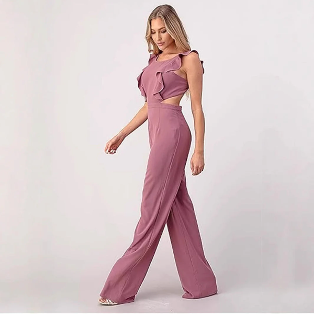 Ladies Jumpsuit – High Waist – Wide Legs – Ruffles – Cut-Out Waist – Luxury Fabric - Image 2