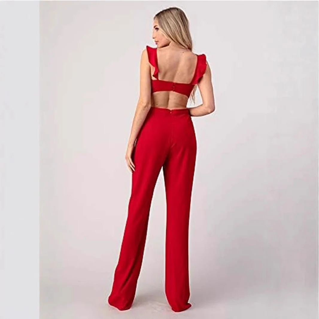 Ladies Jumpsuit – High Waist – Wide Legs – Ruffles – Cut-Out Waist – Luxury Fabric - Image 3
