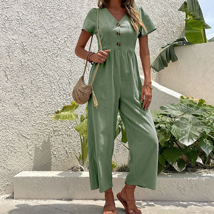 Women's jumpsuit – Linen blend – Wide legs – Short sleeve – Button closure – Relaxed fit - Image 2