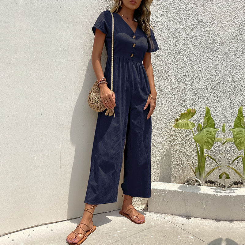 Women's jumpsuit – Linen blend – Wide legs – Short sleeve – Button closure – Relaxed fit - Image 3