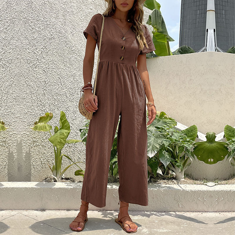 Women's jumpsuit – Linen blend – Wide legs – Short sleeve – Button closure – Relaxed fit - Image 6