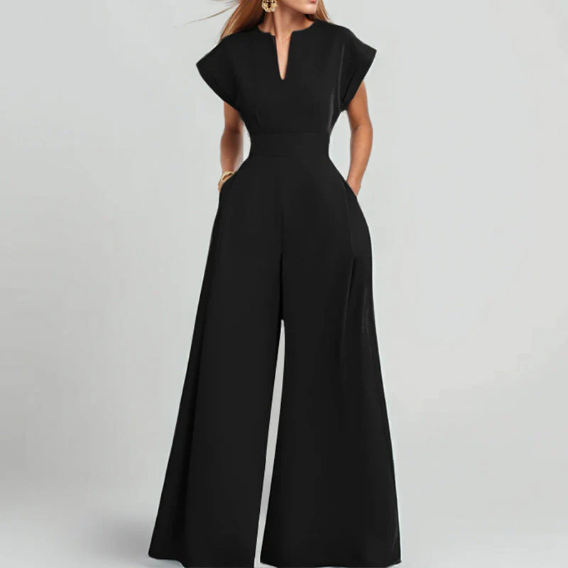 Ladies jumpsuit – Loose fit – V-neck – Short sleeve – Wide legs – Elegant casual - Image 2