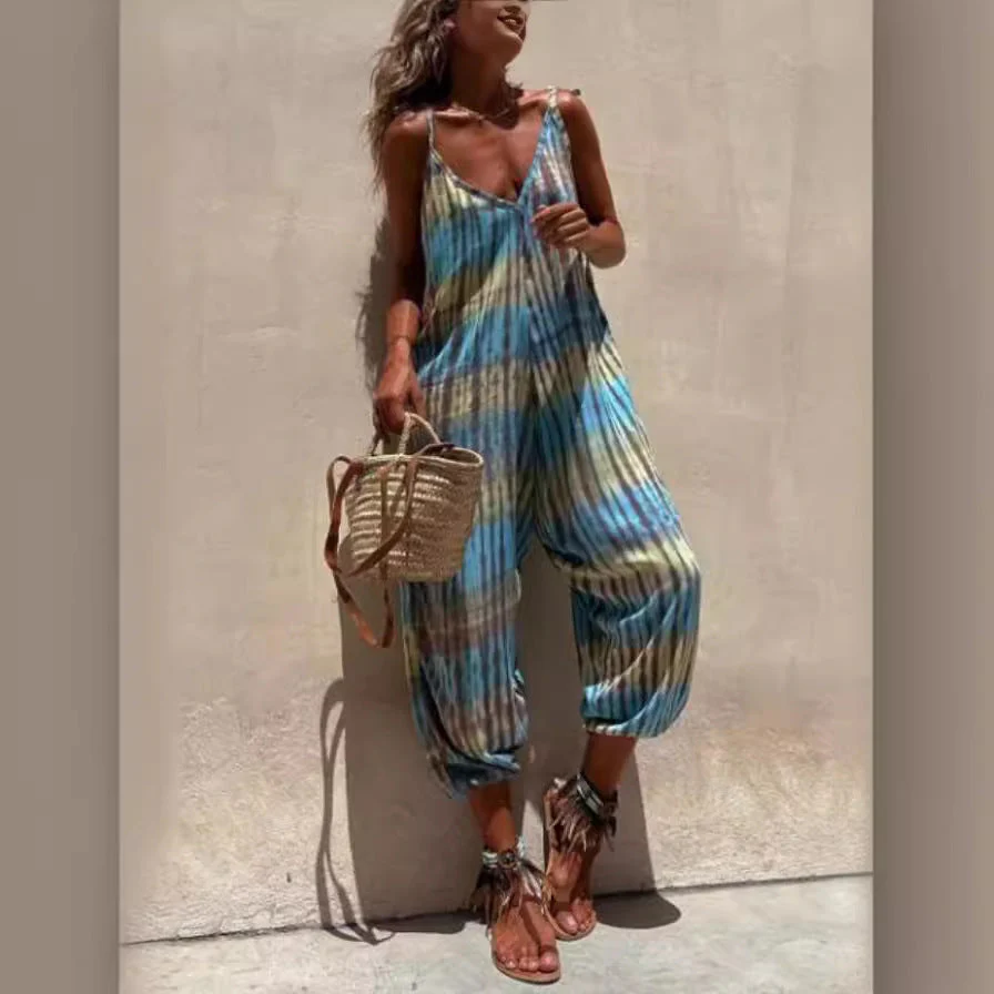 Women's Jumpsuit – Loose Fit – Adjustable Straps – V-Neck – Breathable – Print - Image 3