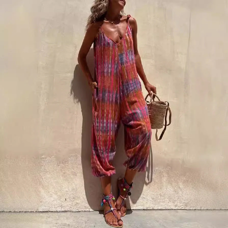 Women's Jumpsuit – Loose Fit – Adjustable Straps – V-Neck – Breathable – Print - Image 5