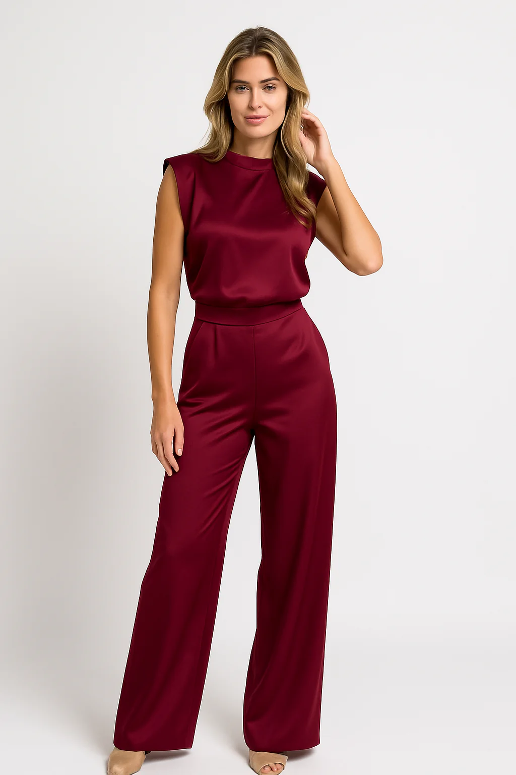 Ladies Jumpsuit – Luxury Satin Look – Sleeveless – Wide Legs – Open Back – Relaxed Fit - Image 2