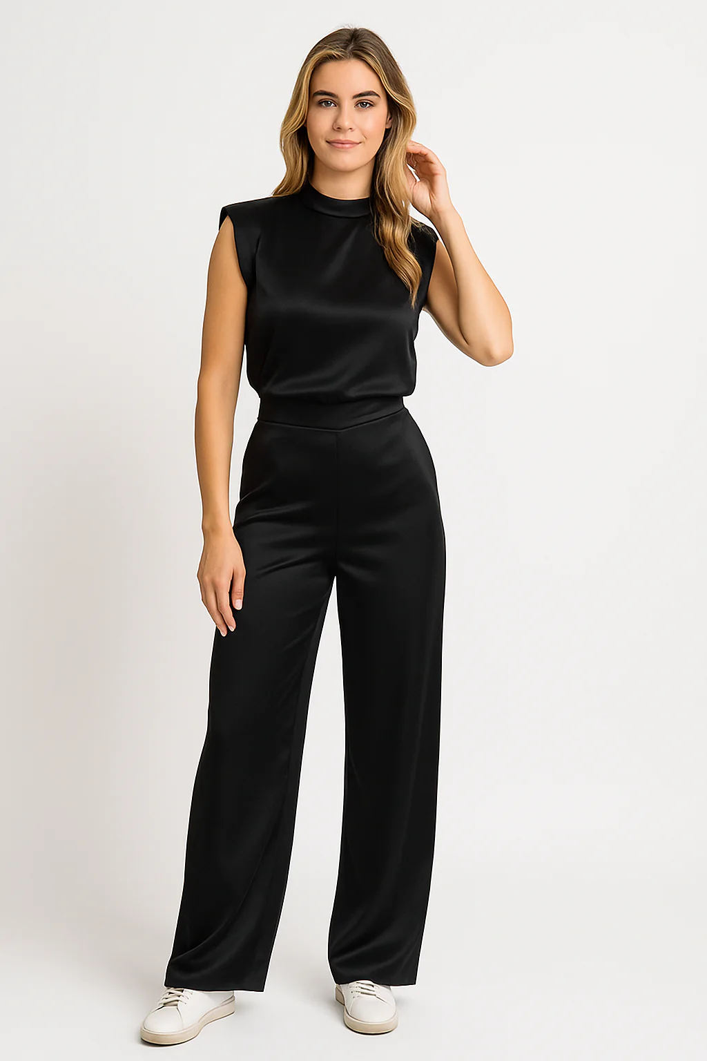 Ladies Jumpsuit – Luxury Satin Look – Sleeveless – Wide Legs – Open Back – Relaxed Fit - Image 4