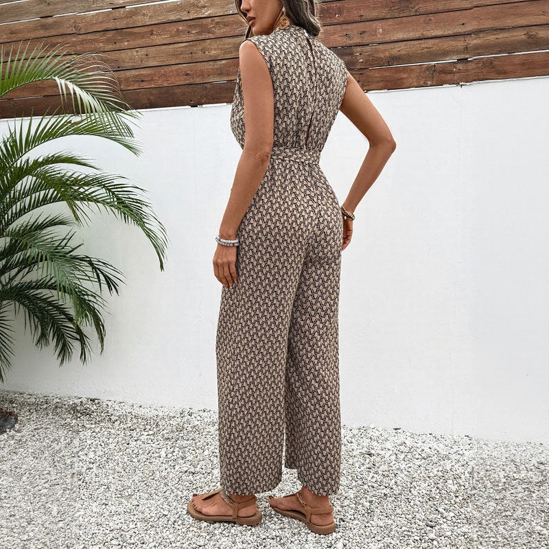 Ladies Jumpsuit – Sleeveless – Geometric Print – Waist Tie – Airy Fit - Image 3
